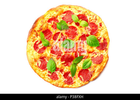 Pepperoni pizza with basil leaves on white Stock Photo
