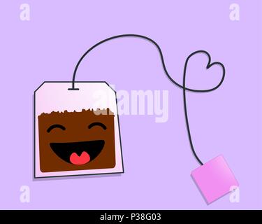Cheerful tea bag. An amusing vector illustration on a lilac background. Stock Vector