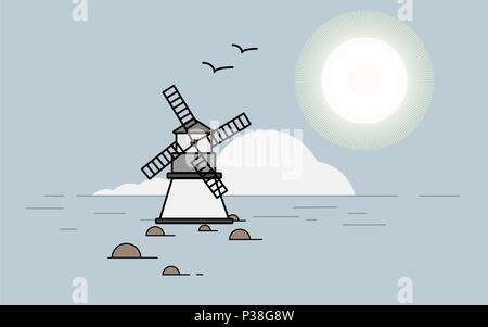 Windmill in the sea. A vector illustration of a landscape with a mill. Stock Vector