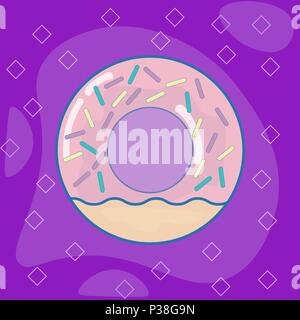 The pink doughnut on a violet background. Vector illustration of a dessert, sweets, baking. Stock Vector