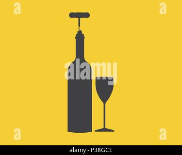 Wine bottle with a glass. Simple vector illustration. Silhouettes of a bottle of wine and a glass on a yellow background. Stock Vector