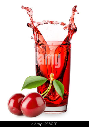 Glass of cherry juice with splash and berries isolated on white background Stock Photo
