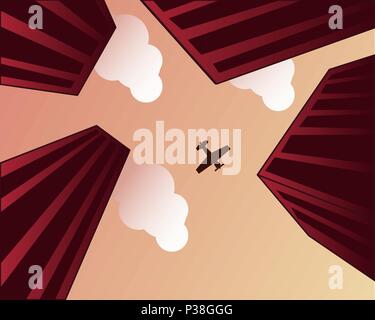 The plane over skyscrapers. Vector illustration of a cityscape. Stock Vector