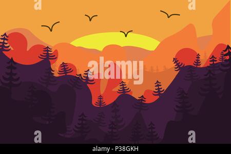 Sunrise in mountains. On a forward slan the wood and birds. A simple vector illustration with bright paints. Stock Vector