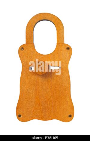 Wooden puzzle made as padlock isolated on white background Stock Photo