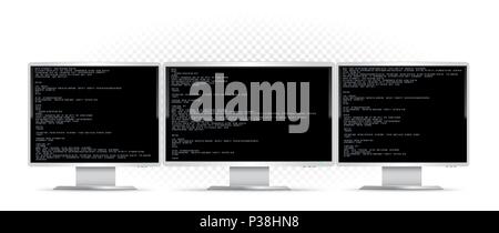 Three computers monitors with code on transparent background. Triple monitor computer super wide screen device. PC desktop programming template Stock Vector