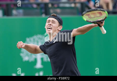 Alex De Minaur of Australia celebrates beating Dan Evans of Great Britain on Nature Valley Open finals day at Nottingham Tennis Centre, Nottingham. Pi Stock Photo