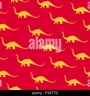 Dinosaur brachiosaurus silhouette pattern seamless. Vector illustration. Orange dinosaurs on red background. Stock Vector