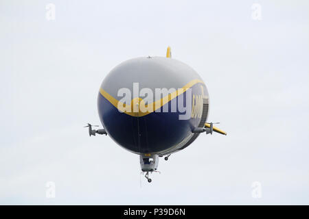 SUFFIELD, OHIO / USA – JUNE 16: The Goodyear blimp Wingfoot One on June 16, flying above Wingfoot Lake, Suffield, Ohio. This is at Blimp Base One, hom Stock Photo