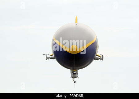 SUFFIELD, OHIO / USA – JUNE 16: The Goodyear blimp Wingfoot One on June 16, flying above Wingfoot Lake, Suffield, Ohio. This is at Blimp Base One, hom Stock Photo