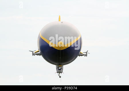 SUFFIELD, OHIO / USA – JUNE 16: The Goodyear blimp Wingfoot One on June 16, flying above Wingfoot Lake, Suffield, Ohio. This is at Blimp Base One, hom Stock Photo