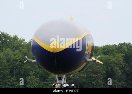 SUFFIELD, OHIO / USA – JUNE 16: The Goodyear blimp Wingfoot One on June 16, at Wingfoot Lake, Suffield, Ohio. This is at Blimp Base One, home of the G Stock Photo