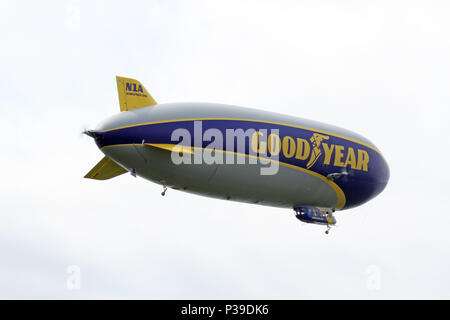 SUFFIELD, OHIO / USA – JUNE 16: The Goodyear blimp Wingfoot One on June 16, flying above Wingfoot Lake, Suffield, Ohio. This is at Blimp Base One Stock Photo