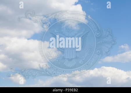 Eagle on U.S. dollar bill closeup macro in blue sky with clouds Stock Photo