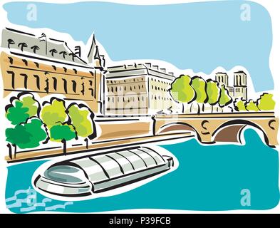vector illustration of the Bateaux Mouches on the seine river in paris Stock Vector