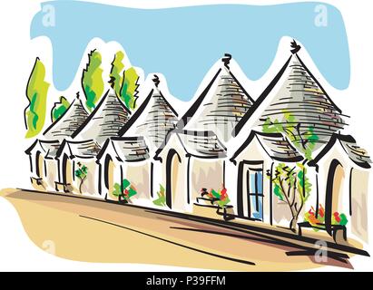 vector illustration of the apulian typical houses called trulli in the town of Alberobello Stock Vector