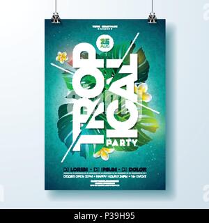 Vector Tropical Party Flyer Design with flower and tropical plants on ...