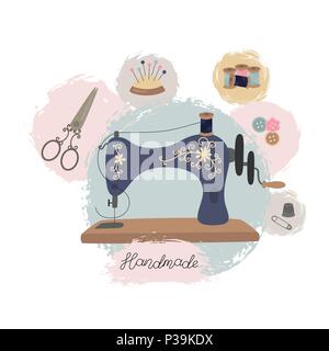 Sewing workshop or tailor shop. Hand drawn vintage sewing machine. Stock Vector