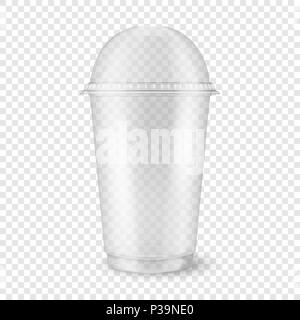 Vector realistic 3d empty clear plastic disposable cup with sphere dome cap closeup isolated on transparency grid background. Design template of packaging mockup for graphics - milkshake, tea, fresh juice, lemonade, smoothie and other drinks. Front view Stock Vector