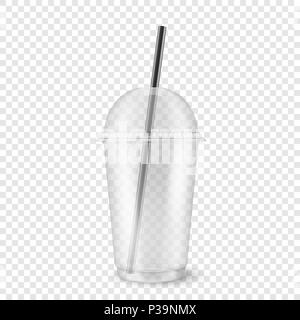 Vector realistic 3d empty clear plastic disposable cup with sphere dome cap and a straw closeup isolated on transparency grid background. Design template of packaging mockup for graphics - milkshake, tea, fresh juice, lemonade, smoothie and other drinks. Front view Stock Vector