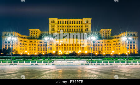 The public building of the Palace of the Parliament, by night, in Bucharest, Romania Stock Photo