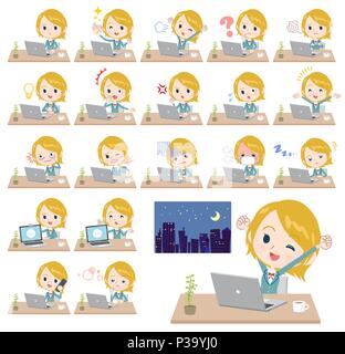 A set of School girl on desk work. There are various actions such as feelings and fatigue. It's vector art so it's easy to edit. Stock Vector