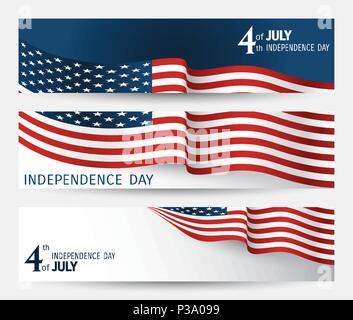 set of banner for Independence day of USA with fragments of flag close-up on a blue and white background Stock Vector