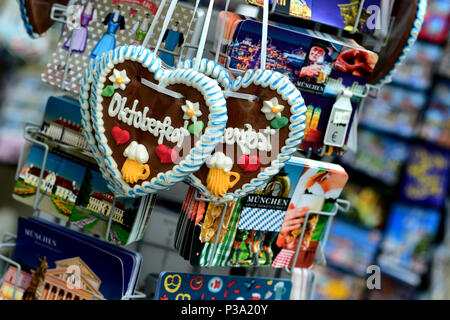 Munich, Germany, gingerbread hearts and postcards at a souvenir shop Stock Photo