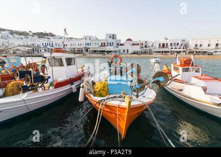 MYKONOS, GREECE - MAY 2018: Fishermen boats moored in the port of Mykonos, Greece Stock Photo