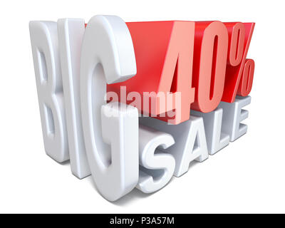 White red big sale sign PERCENT 40 3D render illustration isolated on white background Stock Photo