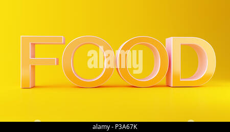 3d illustration. Food text on yellow background. Stock Photo