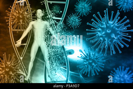 Medical background with abstract 3D virus cells, blood cells and male figure pixelating Stock Photo