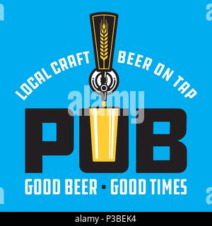 Pub Craft Beer Vector Design. Vector illustration of beer tap and pint glass making pub or brew pub badge. Stock Vector
