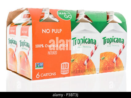 Winneconne, WI - 13 June 2018: A package of six cartons Tropicana grab and go orange juice  on an isolated background. Stock Photo