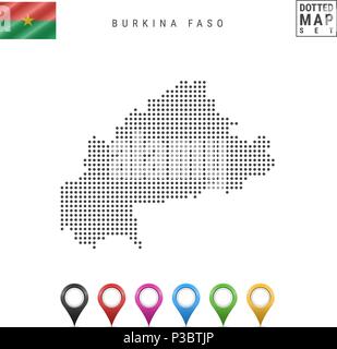 Dots Pattern Vector Map of Burkina Faso. Stylized Map of Burkina Faso. Flag of Burkina Faso. Multicolored Map Markers Stock Vector