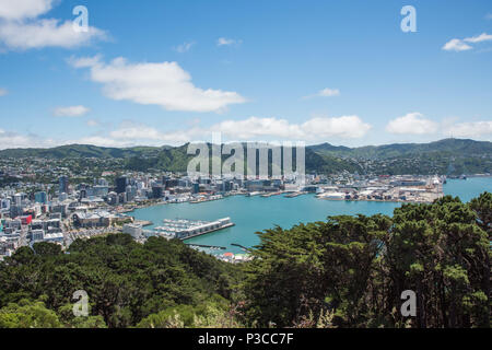 Wellington, North Island, New Zealand-December 14,2016: High angle view over harbour with Westpac Stadium, dock and hills in Wellington, New Zealand Stock Photo