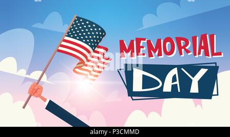 Memorial day USA greeting card wallpaper, hand hold national american flag with stars on sky background, flat design, Stock Vector