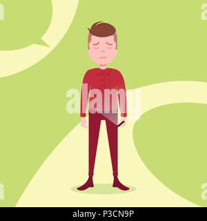 teen boy character grieved hold phone male red suit template for design work and animation on green background full length flat person Stock Vector