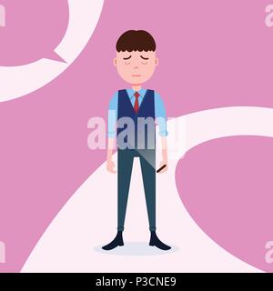 teen boy character grieved hold phone male business suit template for design work and animation on pink background full length flat person Stock Vector