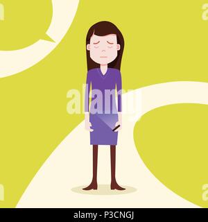 teen girl character grieved hold phone female template for design work and animation on yellow background full length flat person Stock Vector
