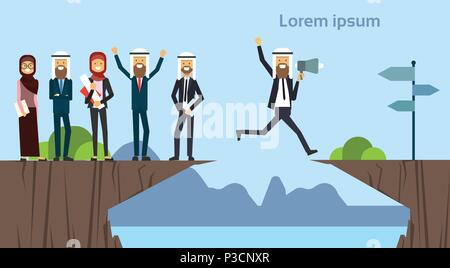 arab businessman with megaphone jumping over obstacles chasm go to the opposite goal concept. business group success. challenge, risk, and overcome problem or obstacles.