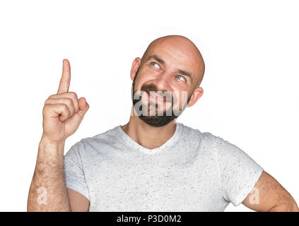 Portrait Of white bald man with beard in white t-shirt smiling and showing thumb up. isolate on a white background Stock Photo