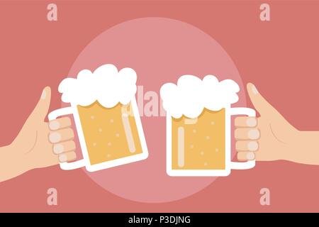 Two hands holding and clinking with beer glasses mug Stock Vector