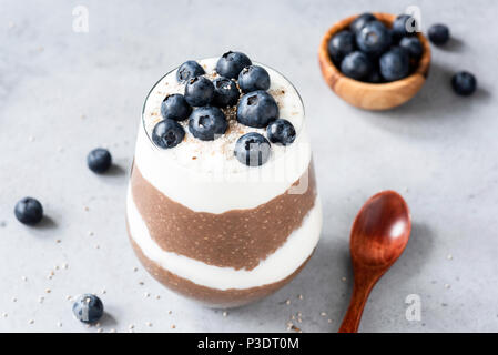 Chia pudding parfait with yogurt, blueberries and chocolate in a glass on concrete background. Selective focus. Healthy eating, dieting, healthy lifes Stock Photo