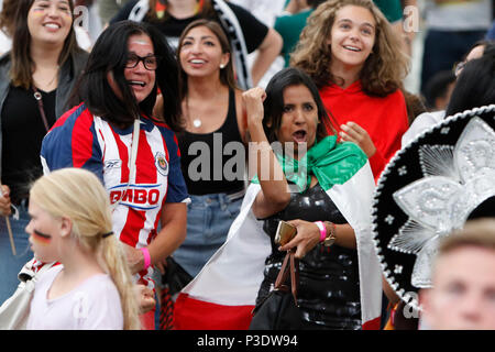 Frankfurt, Germany. 17th June, 2018. Mexican fans celebrate. 15,000 fans came to the Commerzbank Arena in Frankfurt, to watch Mexico beat Germany by 1 goal to nil in the first Group F game in the group stage of the 2018 FIFA Soccer World Cup in Russia in Moscow. Credit: Michael Debets/Pacific Press/Alamy Live News Stock Photo