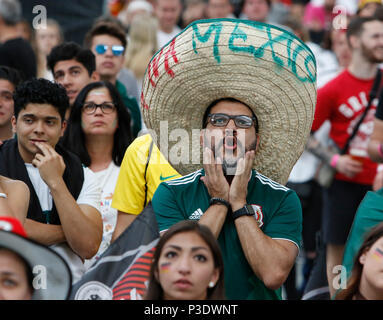 Frankfurt, Germany. 17th June, 2018. A Mexican fan shouts at the screen. 15,000 fans came to the Commerzbank Arena in Frankfurt, to watch Mexico beat Germany by 1 goal to nil in the first Group F game in the group stage of the 2018 FIFA Soccer World Cup in Russia in Moscow. Credit: Michael Debets/Pacific Press/Alamy Live News Stock Photo