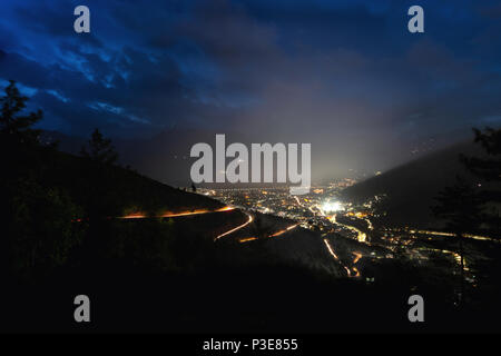 Night time cityscape of the capital city of Thimphu in Bhutan Stock Photo