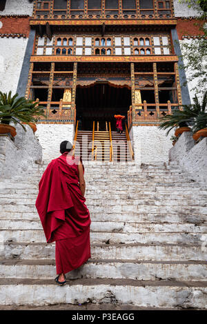 The beauty of Punakha Dzong is incomplete without its monks, drapped in red robe. Stock Photo