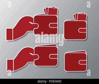 Set icons of red wallet with banknotes and hand with shadow - isolated on gray background, vector Stock Vector