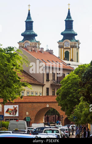 The city gate and the Cathedral at Szekesfehervar.Székesfehérvár was the capital of Hungary in the Middle Ages. Stock Photo